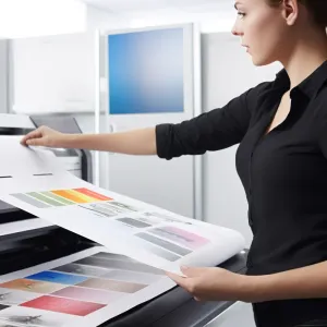 A woman retriving digital print from printer.